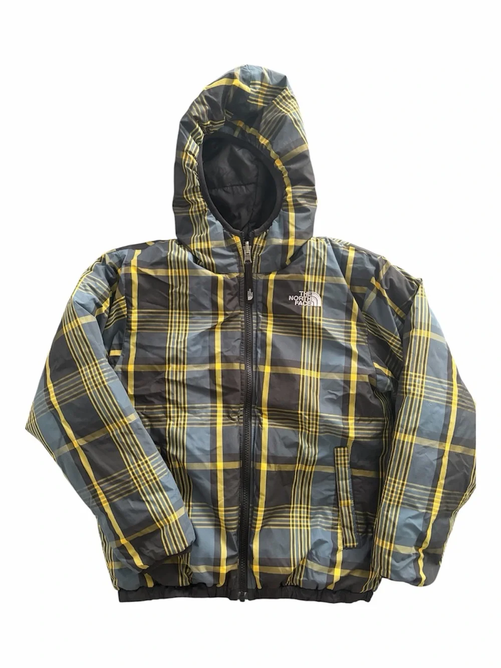 The North Face Kids Reversible Black/Plaid Hooded 550 Quilted Goose Down Jacket